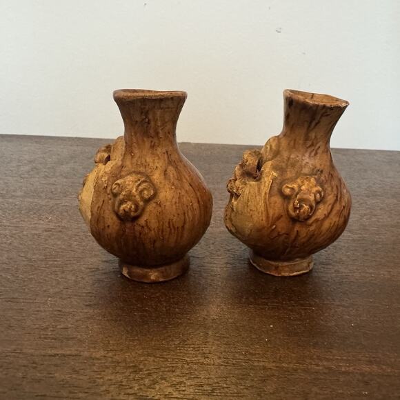 VTG Two Intricately Hand Carved Banko Ware Japanese Miniature Vase House Inside - Picture 13 of 16